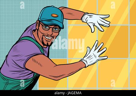worker Builder puts tile. Construction and decoration. African American people. Pop art retro vector illustration Stock Vector