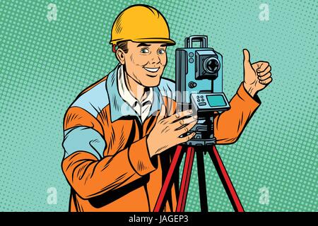 Builder surveyor with a theodolite optical instrument for measuring distances. Pop art retro vector illustration Stock Vector