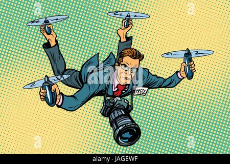 People journalist quadcopter drone. paparazzi photographer blogger. Pop art retro vector illustration Stock Vector