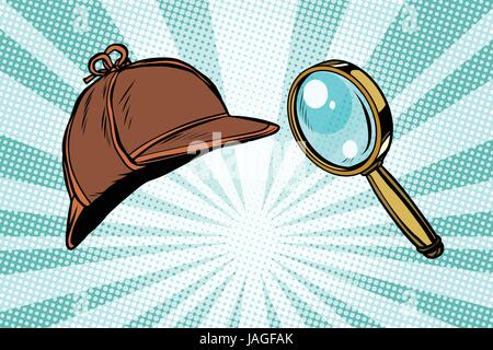 Detective hat and magnifying glass. Pop art retro vector illustration Stock Vector