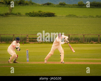 Game of Cricket being played in typical British village. Stock Photo
