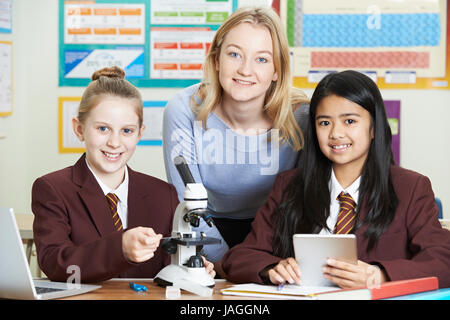 Portrait Of Teacher With Female Students Using Microscope In Science Class Stock Photo