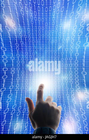 hand touching a screen with binary digits, big data concept Stock Photo