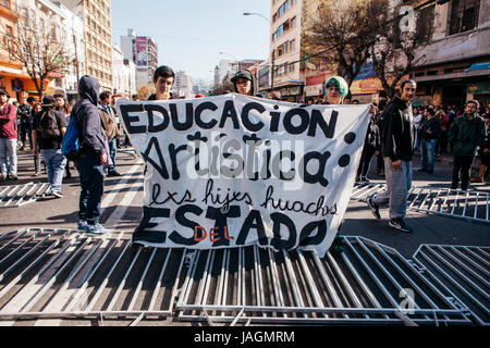 Valparaiso, Chile - June 01, 2017: Protests in Valparaiso, following President Michelle Bachelet's annual state-of-the-union speech to Congress. Stock Photo