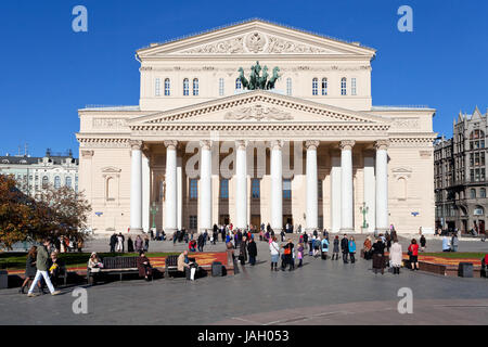 MOSCOW, RUSSIA - OCTOBER 13: Theater square and Bolshoi Theatre in Moscow, Russia on October 13, 2013. The square was designed in neoclassical style by Joseph Bove 1820s years Stock Photo