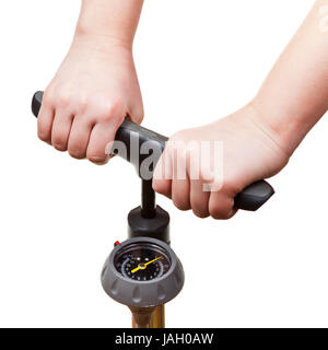 pumping by manual air pump with pressure indicator isolated on white background Stock Photo