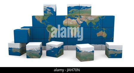 World map made of cubes falling apart isolated on white background ...