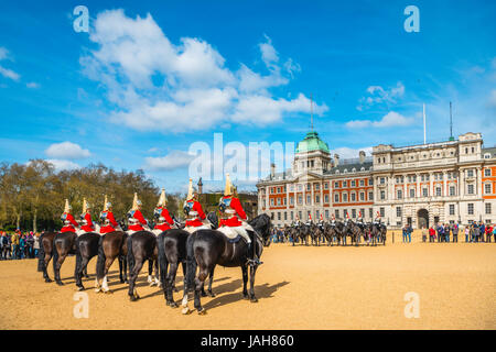 Royal Guards in red uniform on horses, The Lifeguards, The Blues and Royals, Household Cavalry Mounted Regiment, parade ground Stock Photo