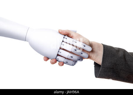 close up of business woman shaking hands with a robot Stock Photo