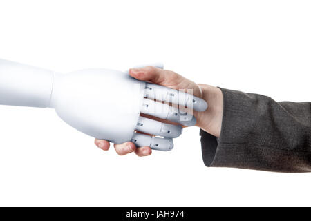 close up of business woman shaking hands with a robot Stock Photo