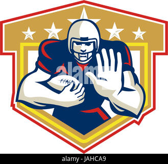 Illustration of an american football gridiron running back player running with ball facing front fending set inside shield done in retro style. Stock Photo