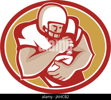 Illustration of an american football gridiron running back player running with ball facing front fending set inside shield done in retro style. Stock Photo