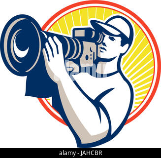 illustration of a cameraman film crew shooting with hd video movie camera set inside circle done in retro style on isolated white background. Stock Photo
