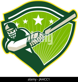 Illustration of a cricket player batsman with bat batting facing front set inside shield with stars done in retro style. Stock Photo