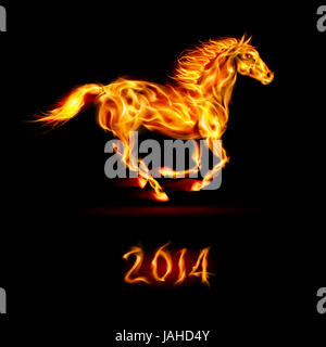 New Year 2014: running fire horse on black background. Stock Photo