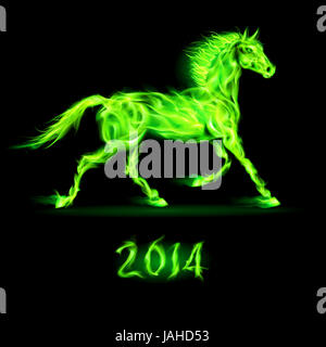 New Year 2014: green fire horse on black background. Stock Photo