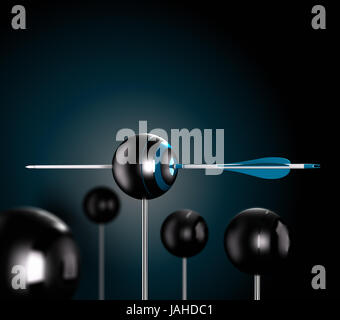 One blue arrow piercing the center of a ball target over a black ...