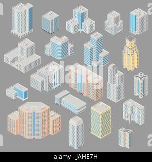 Vector isometric city  infrastructure architecture map generator. Icon set ofice, apartment buildings. 3d elements representing low poly building. Stock Vector