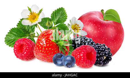 strawberry,apple,raspberry,blackberry, bilberry, blueberries isolated on white background Stock Photo