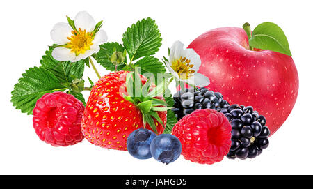 strawberry,apple,raspberry,blackberry, bilberry, blueberries isolated on white background Stock Photo