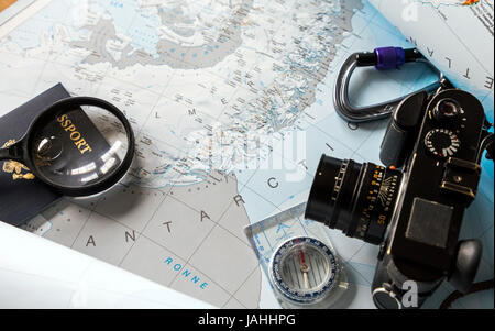 Still life of Antaractica map and travel items Stock Photo