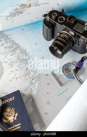 Still life of Antaractica map and travel items Stock Photo