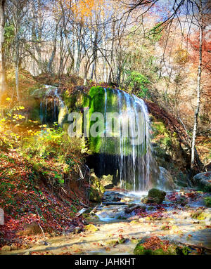 Beautiful waterfall Silver Jets at sunlight in autumn Stock Photo
