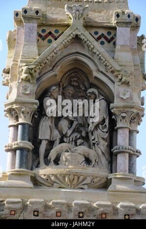 Drinking Fountain, Market Place, Saffron Walden, Essex, Carved panels depict biblical scenes from the life of Moses. Stock Photo