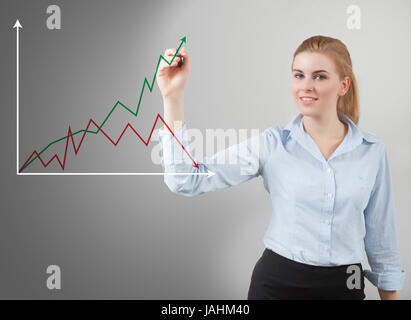 Handwritten chart by businesswoman on glass Stock Photo - Alamy