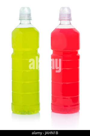 Fruit drinks in bottles on white isolated background Stock Photo