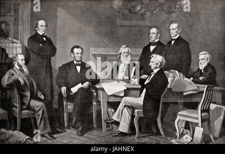 First Reading of the Emancipation Proclamation of President Lincoln, 1862.  From left to right, Edwin Stanton, Secretary of War, Salmon Chase, Secretary of the Treasury, President Abraham Lincoln,  Gideon Welles, Secretary of the Navy, Caleb B. Smith, Secretary of the Interior, William Seward, Secretary of State, Montgomery Blair, Postmaster General, Edward Bates, Attorney General.  From Hutchinson's History of the Nations, published 1915. Stock Photo