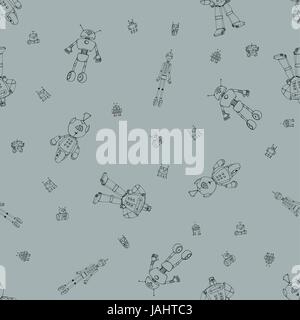 Seamless robot doodle pattern. The concept of science and the future. Cartoon style. Hand-drawn illustration. Stock Vector