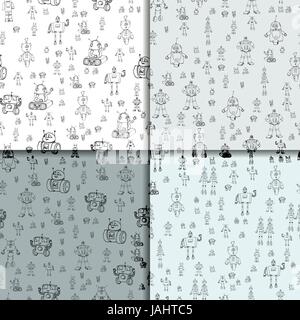 Vector robot doodle seamless pattern set. Concept of science and future. Cartoon style. Hand-drawn outline illustration. Stock Vector