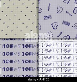 Healthcare and medicine. Vector doodle seamless pattern set with thermometer, heart, stethoscope, test tubes, plaster and pills. Medical hand drawn ic Stock Vector