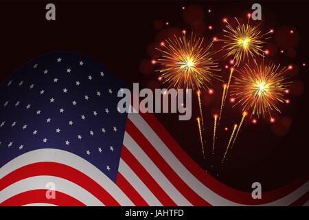 United States flag and celebration sparkling fireworks vector background. Independence Day, 4th of July holidays salute greeting card. Stock Vector