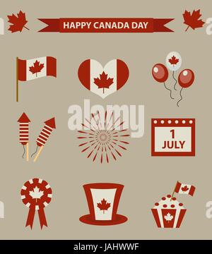 Happy Canada Day icon set, design elements, vintage style. July 1 National Day of Canada holiday collection of objects with firework, flag, hat, balloons, emblem. Vector illustration. Stock Vector