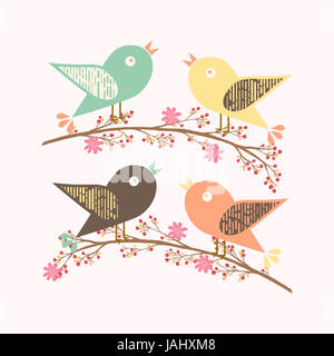 Four birds in assorted colors tweeting on twigs with small berries and flowers. Digital art for children. Stock Photo