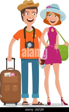 Travel, journey, honeymoon trip concept. People, couple goes on vacation with bags in hands. Cartoon vector illustration Stock Vector