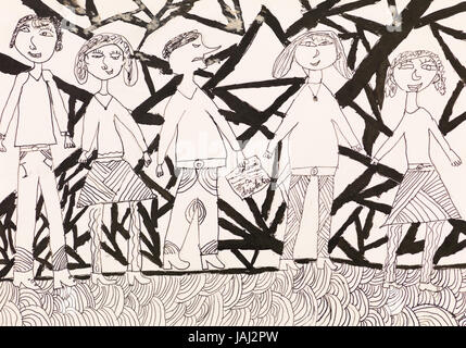 hand drawn ink illustration of group of hippies protesting Stock Photo