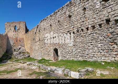 Walls of the Montsegur Castle, Occitanie, France. Stock Photo