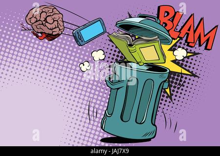 Brain electronics and a book thrown in the trash Stock Vector