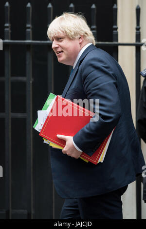 British Prime Minister Theresa May delivers a Speech at Downing Street after returning from Buckingham Palace.  Featuring: Boris Johnson Where: London, United Kingdom When: 03 May 2017 Credit: Daniel Deme/WENN.com Stock Photo