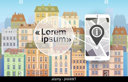City Navigation Concept Cell Smart Phone With Gps Map Over Houses Buildings View Stock Vector