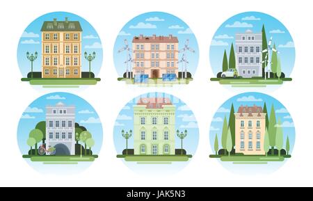 Modern House Buildings Set With Wind Turbine And Solar Panels Eco Collection Real Estate Energy Efficient Stock Vector