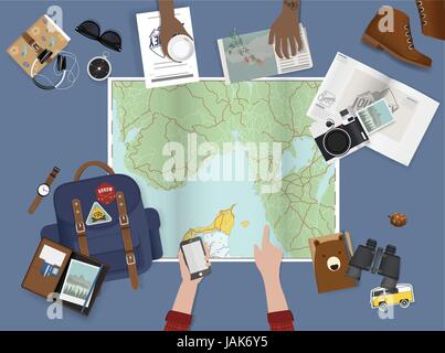 Hand Pointing on Map Planning for Trip with Travel Stuff Illustration Vector Stock Vector