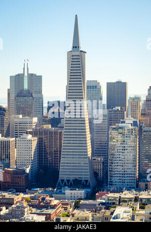 An aerial view of the Transamerica Pyramid and the Financial District of San Francisco, California, as seen from atop Coit Tower on Telegraph Hill. Stock Photo