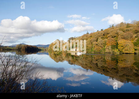 boat cruising down the calm river blackwater in county Waterford Ireland Stock Photo