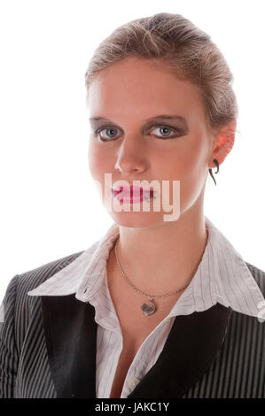 Junge Frau im grauen Business-Anzug und High-Heels ... vor weißem Hintergrund Stock Photo