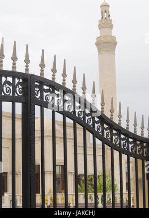 Juma Mosque in the town of  Shamakhi origins dating back to ca 744, reconstructed many times, latest in ca 2010, entrance gate and minaret Stock Photo