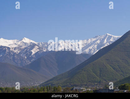 From the M5 road in northern Azerbaijan between Sheki ane Balakan, you have stunning views of the High Caucasus mountains and deep river valleys Stock Photo